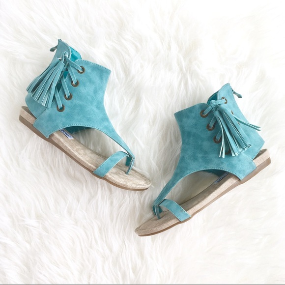 2 Lips Too Shoes - "Dakini" Ocean Blue Fringe Wrapped Sandals, 7